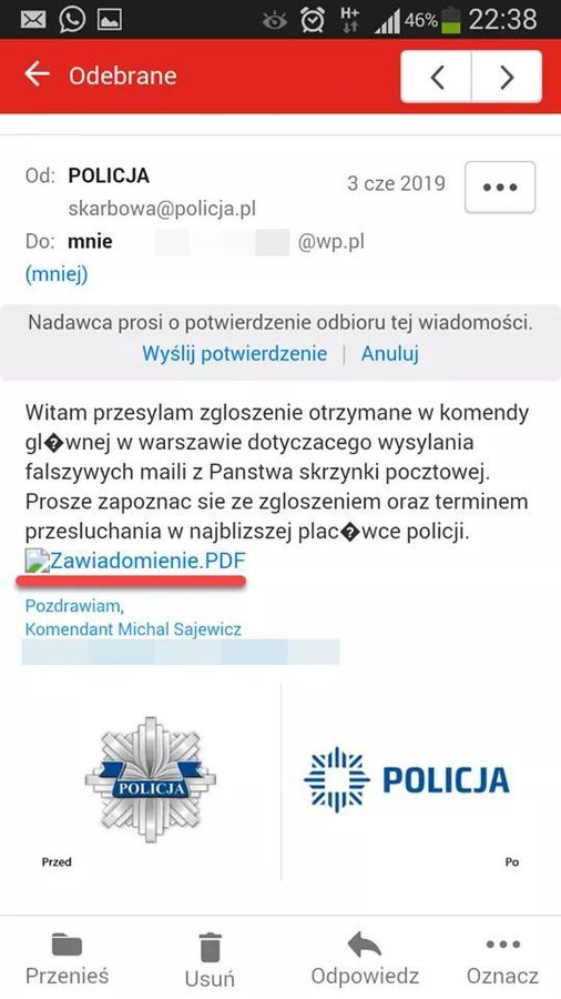 Przykładowa fałszywa wiadomość  przesłana przez oszustów podających się za policjantów